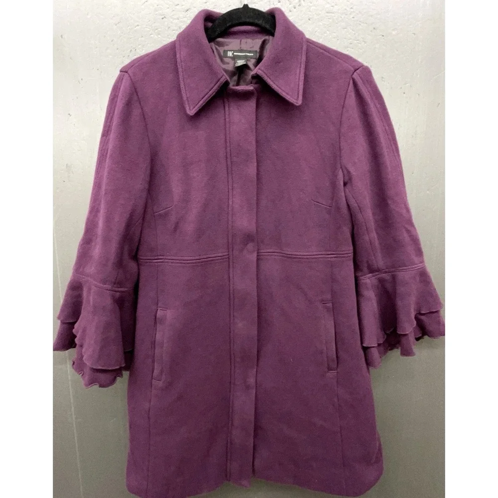INC Duster‎ Coat M Purple Cotton Ruffle Sleeve Zip Soft Chic Quiet Luxury Jacket